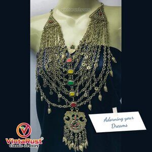 Kuchi Silver Vintage Multilayers Bib Necklace With Dangling Massive Pendant